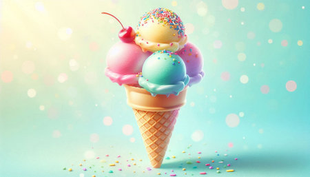 Ice cream in waffle cone with colorful sprinkles on blue background