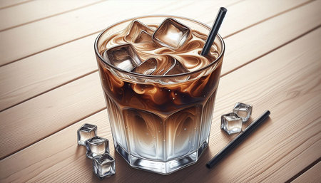 Glass of iced coffee with ice cubes and straw on wooden table