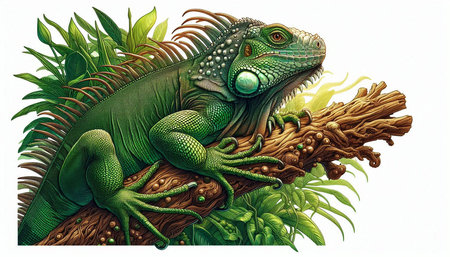 Green iguana on the branch of a tree. Illustration.
