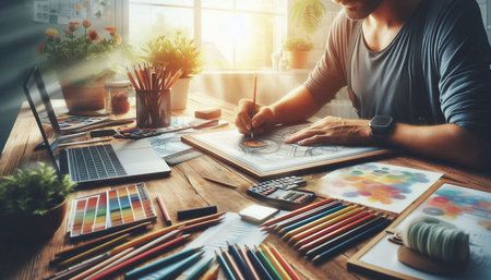 Creative graphic designer working on graphic tablet and laptop computer on wooden desk in modern...