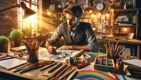Handsome young male artist drawing a picture in his studio.