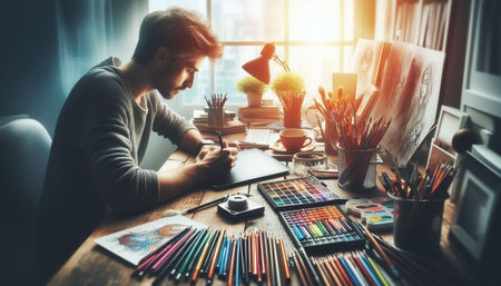 Young male artist drawing with color pencils in modern creative studio.