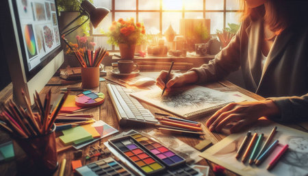 Young female graphic designer working with sketches on the desk in creative studio