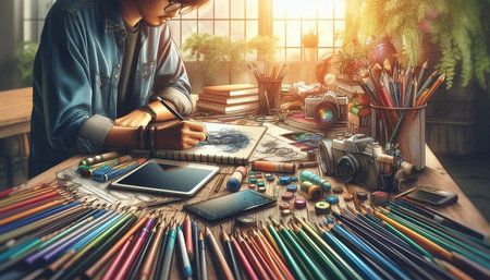 Creative graphic designer working with color pencils and tablet on wooden table