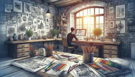 Designer sitting at his desk and drawing in his office. 3d rendering