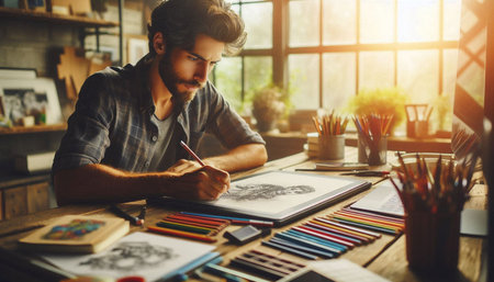 Portrait of young male artist drawing a picture in his studio.