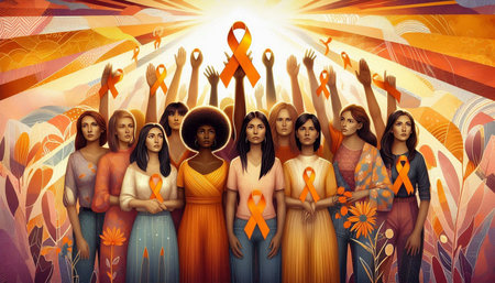 Composite image of many women with orange ribbons against orange background