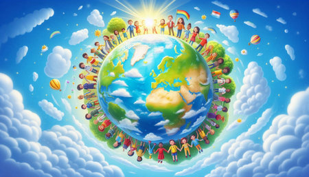 International children's day concept. Group of children around the globe.