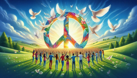 Conceptual image of a group of people around a peace symbol