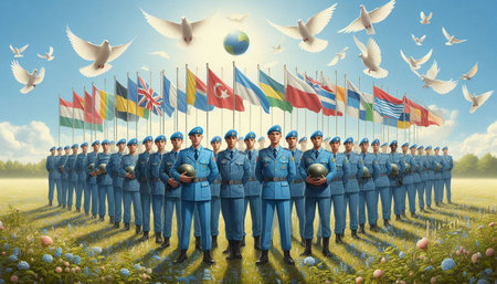3D rendering of a group of soldiers with the flags of the world