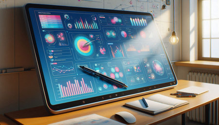 Closeup of modern workplace with laptop and financial charts on screen. 3D Rendering