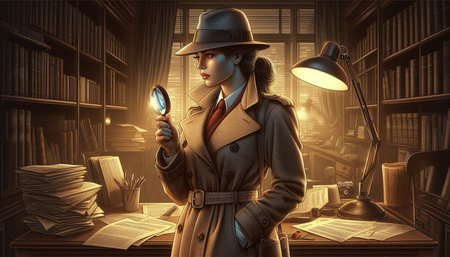 Businesswoman looking through a magnifying glass in the office. 3D rendering