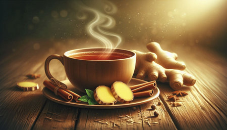 Cup of tea with ginger and cinnamon on a wooden table.