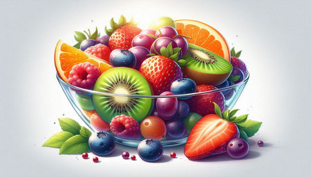 Fruit salad in a glass bowl on a white background. Vector illustration.