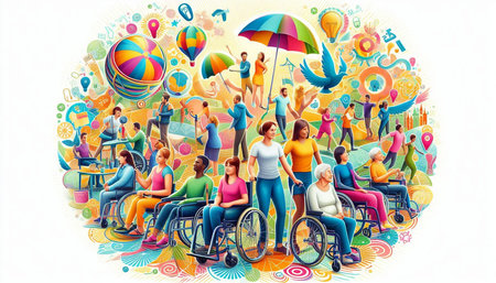 Conceptual image of a group of people with disabilities in a wheelchair.