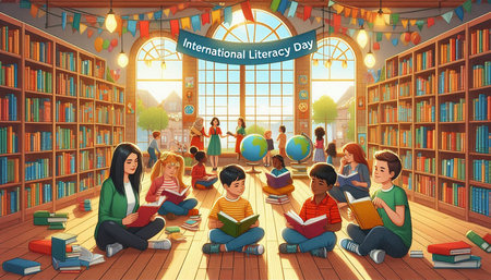 Happy children reading books in library. Cartoon vector illustration of kids reading books in...