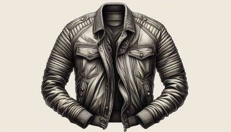 Men's leather jacket with a hood and pockets. Vector illustration.