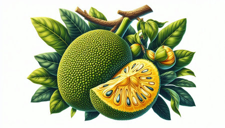 Jackfruit with leaves and fruits on white background. Vector illustration.