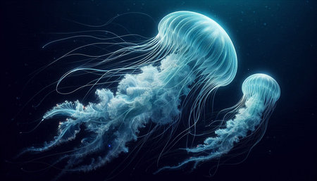 Blue jellyfish in deep blue water. 3D Rendering.