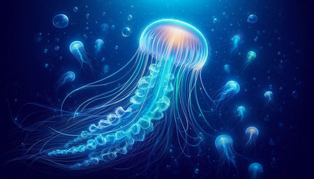 Jellyfish in the ocean. 3d illustration. Blue background.