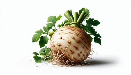 Celery root with green leaves isolated on a white background.