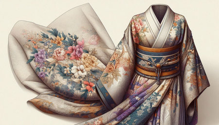 Japanese kimono with a pattern of flowers on a white background