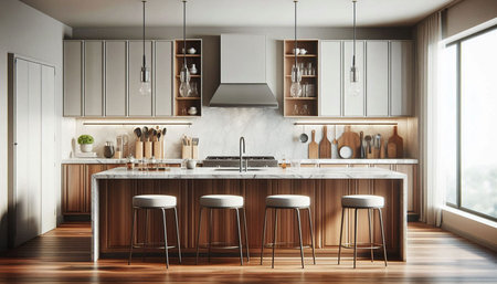 Interior of modern kitchen with white walls, wooden floor, white countertops and wooden bar with...