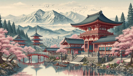 Beautiful japanese temple with cherry blossom and mountains.