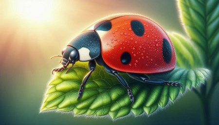 ladybug on green leaf with sun rays. 3d illustration