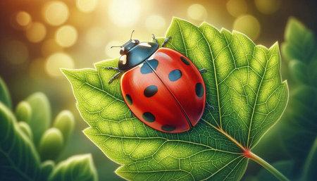 ladybug on green leaf with bokeh background, nature concept