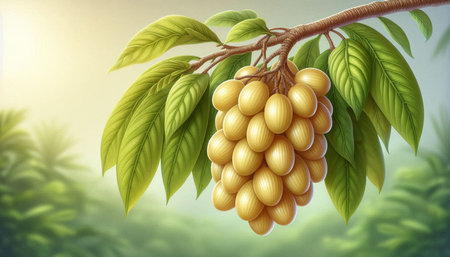 Bunch of ripe yellow grapes on a branch. Vector illustration.