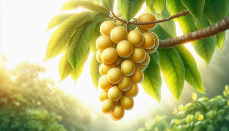 Fresh Bunch of Yellow Grapes on Tree Branch with Sunlight