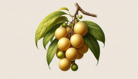 Illustration of longan fruit on a branch with leaves and fruits