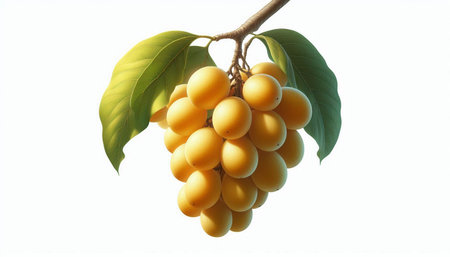Bunch of ripe yellow grapes on white background. Isolated.