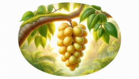 Bunch of grapes on a tree in the morning. Vector illustration.