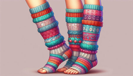 Women's feet in colorful knitted socks. 3D illustration.