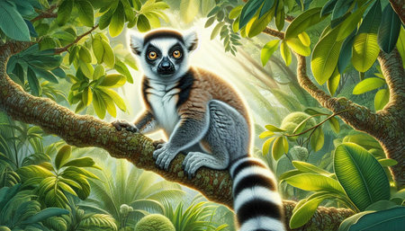 Lemur sitting on a branch in the jungle. 3d illustration