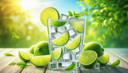 Cocktail with lime and ice on wooden table on nature background