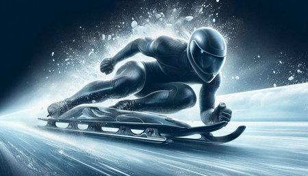 Skiing concept as a 3D illustration of a man riding a skis on a winter road with snow in the...