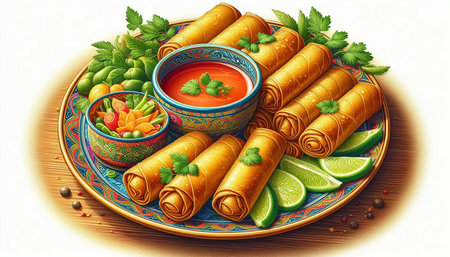 Crispy fried spring rolls with tomato sauce and vegetables on plate