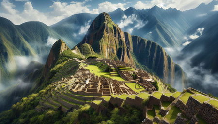 Machu Picchu Peru Inca ruins in the clouds 3d rendering