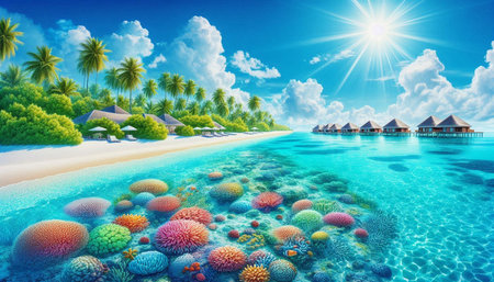 tropical island with water bungalows and palm trees. 3d render