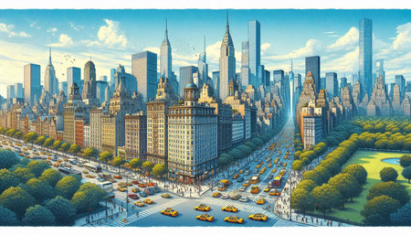 New York City skyline with a lot of cars. Vector illustration.