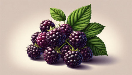 Ripe blackberries with leaves on a light background. 3d illustration