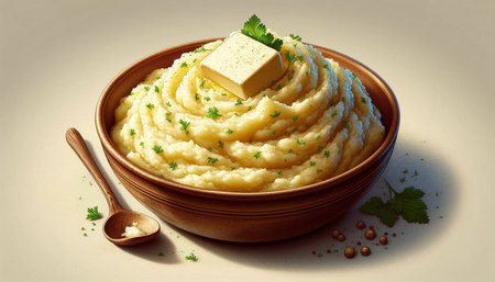 Mashed potatoes with butter and parsley in a bowl on a light background