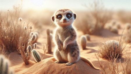 Cute meerkat standing on sand in desert. Wildlife scene