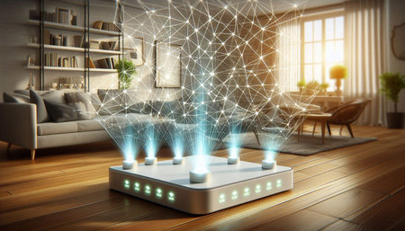 Futuristic glowing network connections on a white router. 3d rendering