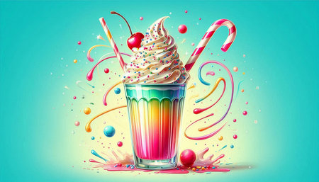 Milkshake with whipped cream and candies, vector illustration.