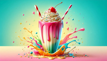 Milkshake with cherry and colorful splashes. 3d illustration