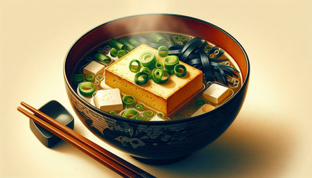Japanese miso soup with tofu and green onions in a bowl.